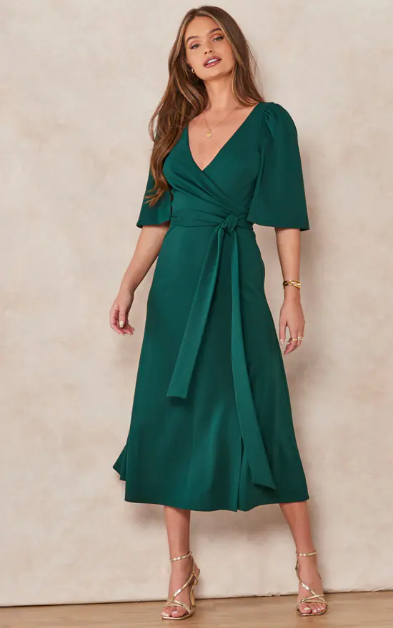 Anna Green Cape Split Sleeve Mock Wrap Dress With Side Split - Image 3
