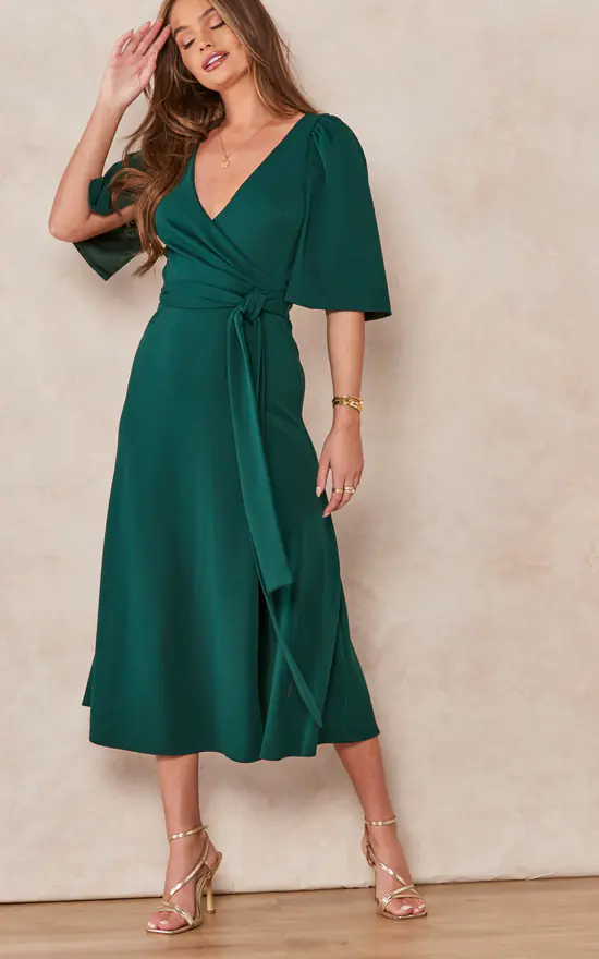 Anna Green Cape Split Sleeve Mock Wrap Dress With Side Split