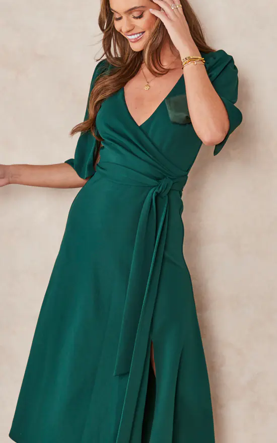Anna Green Cape Split Sleeve Mock Wrap Dress With Side Split - Image 2