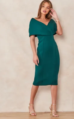 Goddiva Off The Shoulder Scuba Foam Midi Dress In Emerald