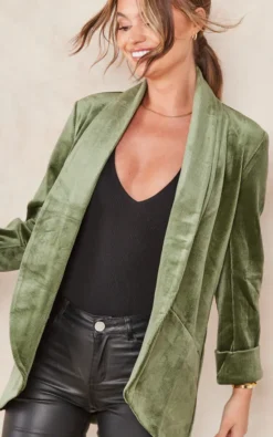 Traffic People Velvet Cord Boyfriend Jacket In Green