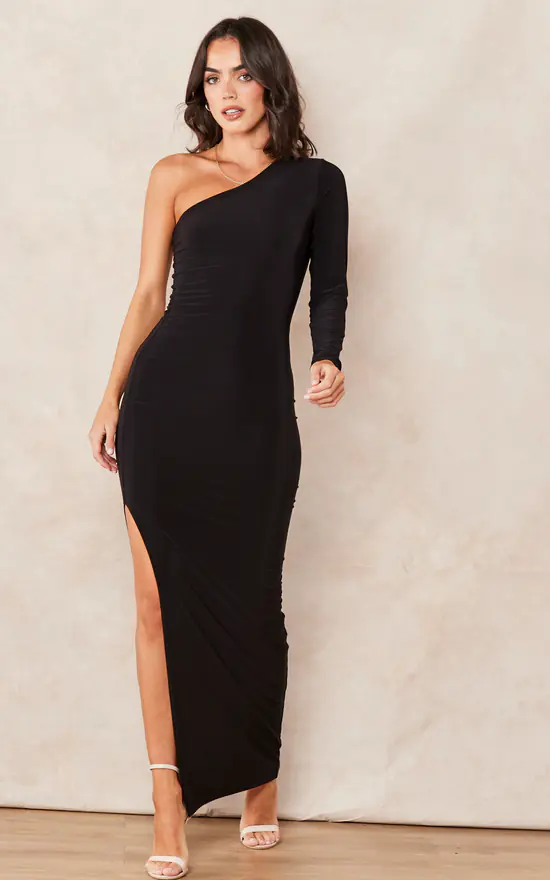 Sadie One Shoulder Maxi Dress With Long Sleeve In Black - Image 2