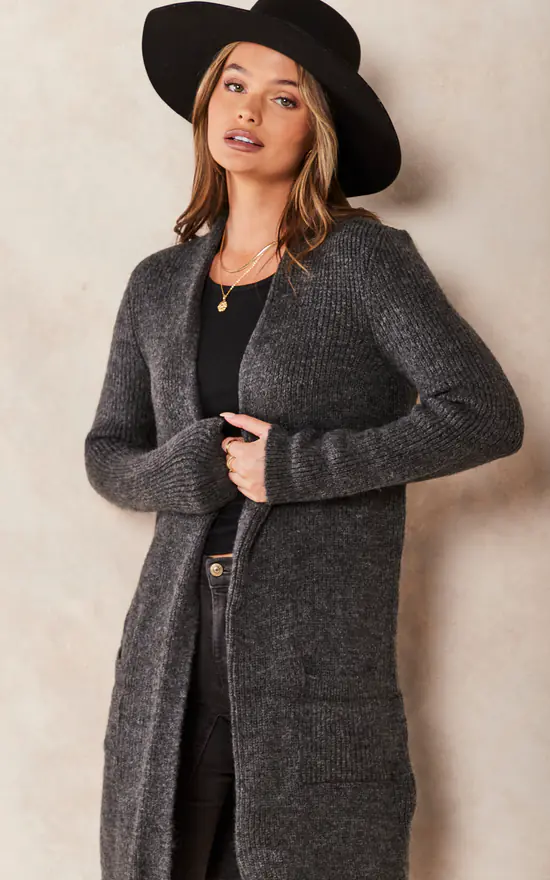 ONLY Longline Ribbed Cardigan With Pockets In Dark Grey