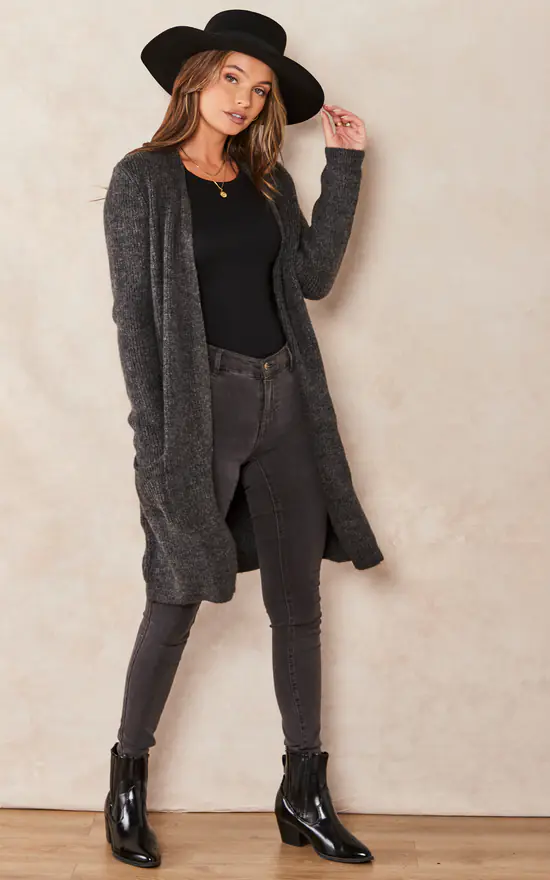 ONLY Longline Ribbed Cardigan With Pockets In Dark Grey - Image 3