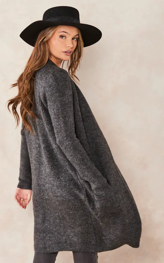 ONLY Longline Ribbed Cardigan With Pockets In Dark Grey - Image 4