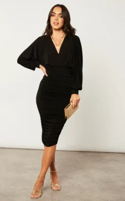 V Neck Bat Sleeve Midi Dress In Black