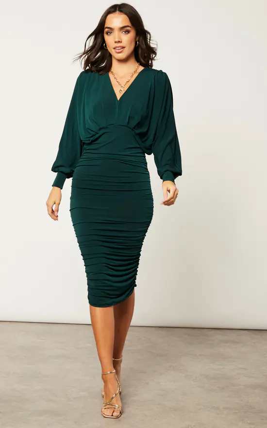 V Neck Bat Sleeve Midi Dress In Emerald Green - Image 2