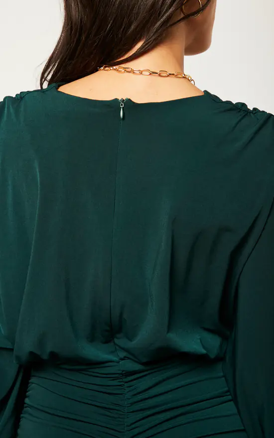 V Neck Bat Sleeve Midi Dress In Emerald Green - Image 4