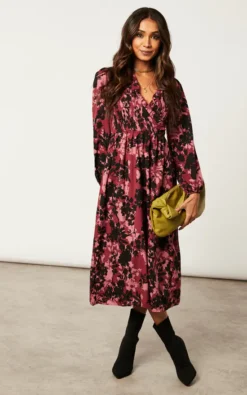 Shirred Bust Wrap Midi Dress