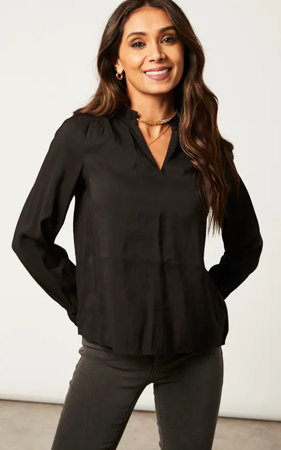 Long Sleeve V Neck Satin Blouse In Black