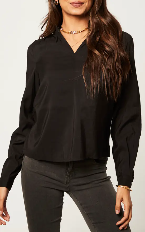 Long Sleeve V Neck Satin Blouse In Black - Image 3