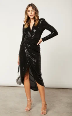 Forever Buzy Sequin Wrap Midi Dress In Black