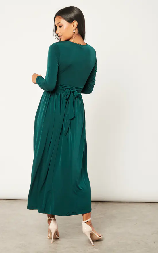 Long Belt Maxi Dress In Dark Green - Image 4