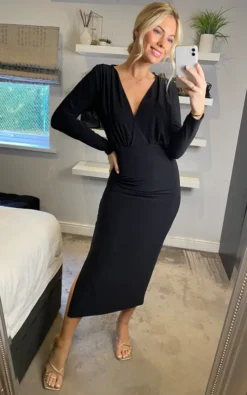 Abbey Long Sleeve Split Leg Midi Dress In Black
