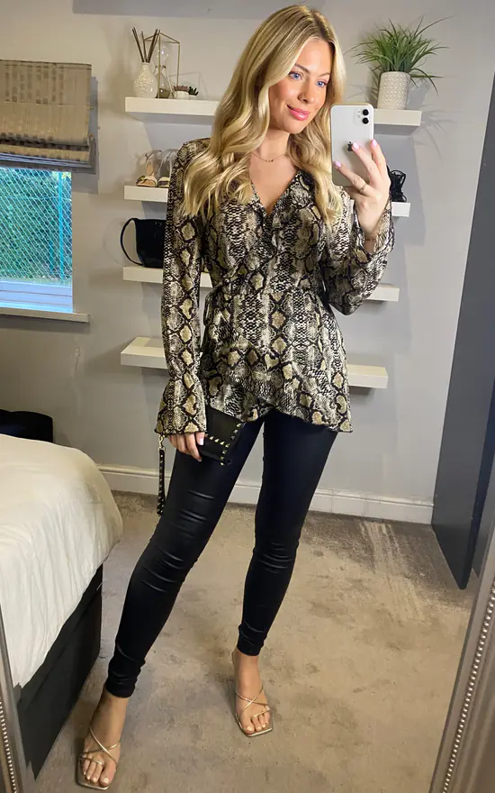 Multi Brown Snake Print Long Sleeve Blouse