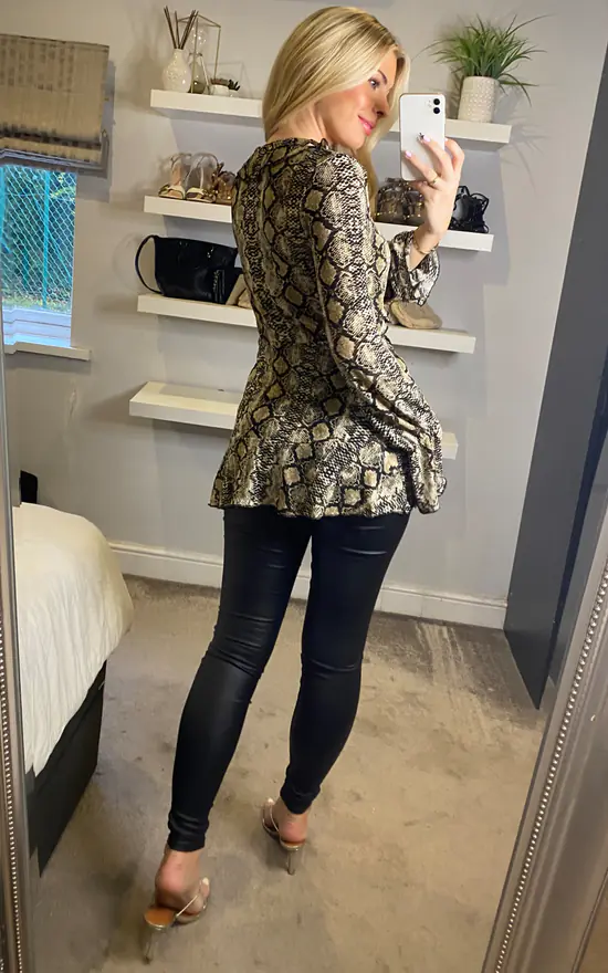Multi Brown Snake Print Long Sleeve Blouse - Image 4