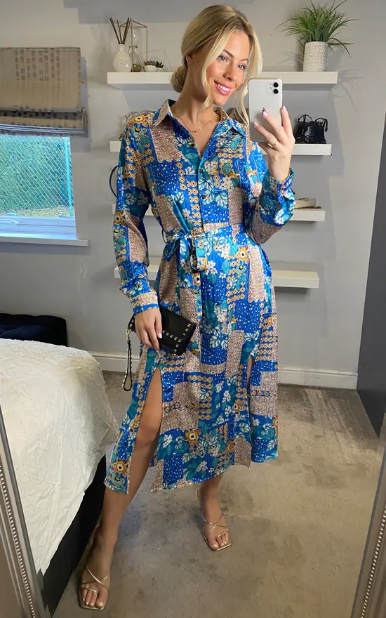 Shirt Dress Long Sleeves And Button Through In Patchwork Print