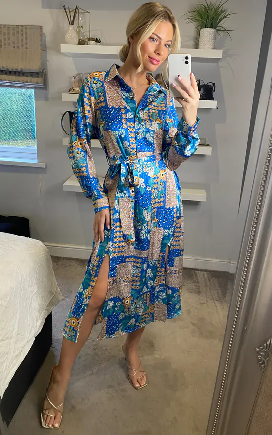 Shirt Dress Long Sleeves And Button Through In Patchwork Print - Image 2