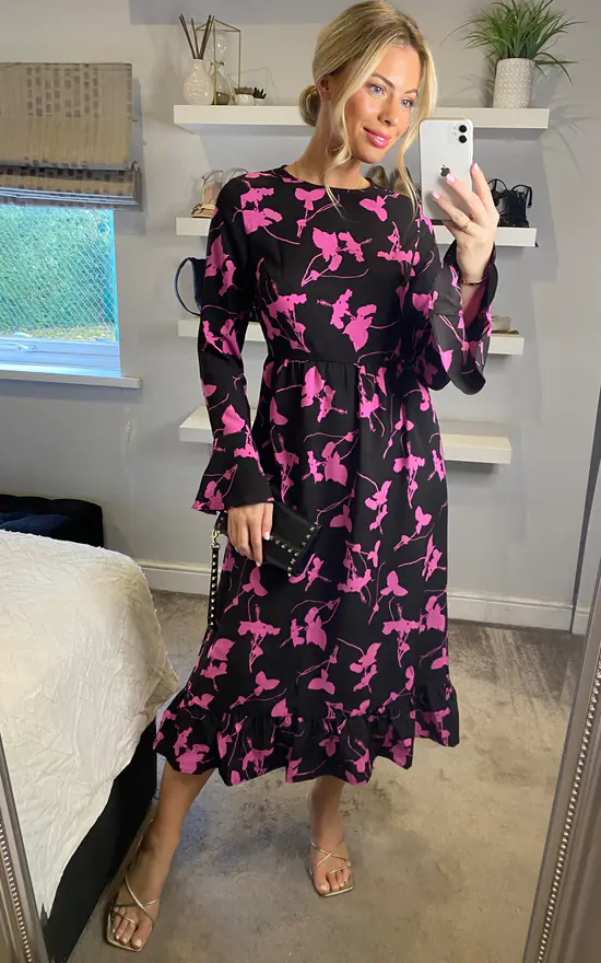 Long Sleeves Pink Floral Print Midi Dress - Image 2
