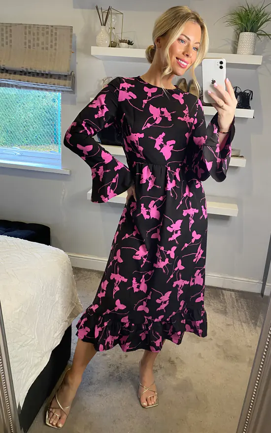 Long Sleeves Pink Floral Print Midi Dress