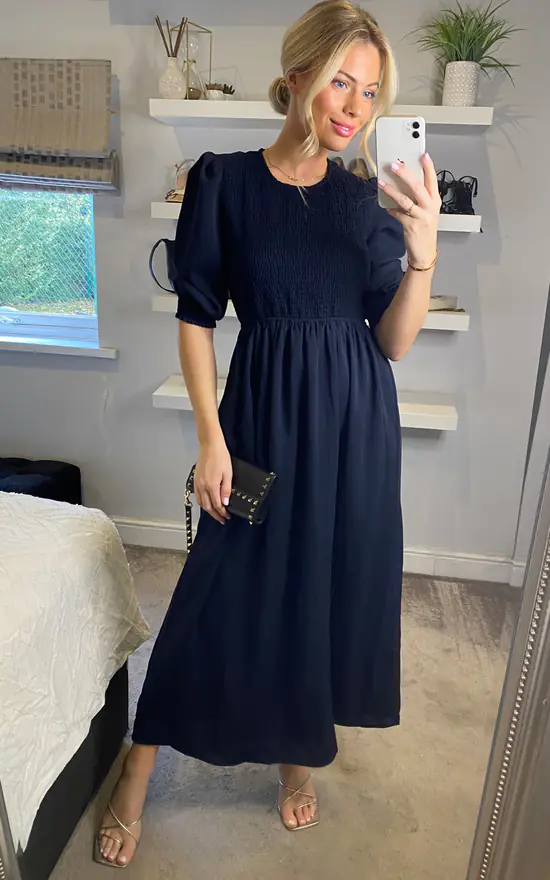 Round Neck Long Sleeves Maxi Dress With Smock Details In Navy