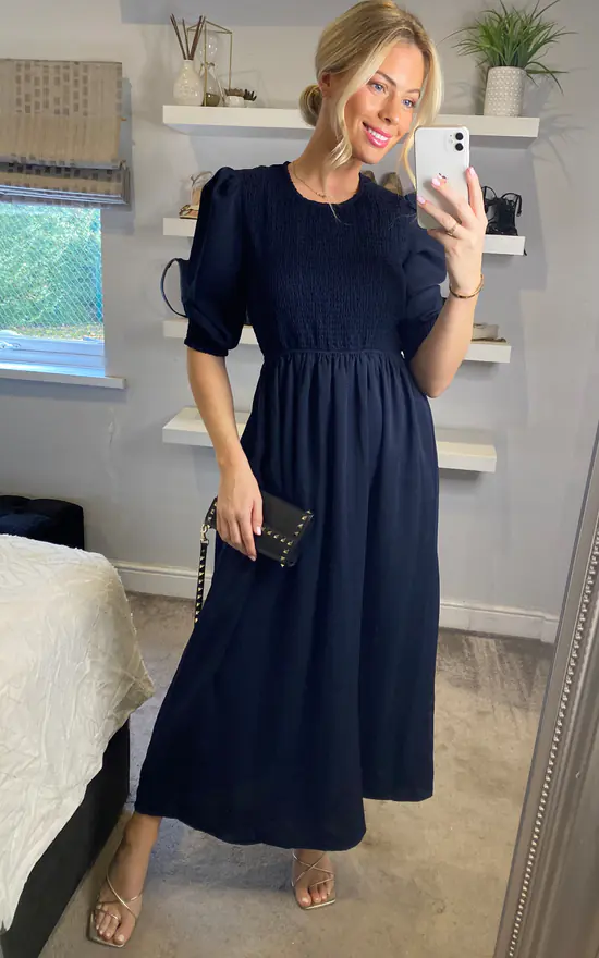 Round Neck Long Sleeves Maxi Dress With Smock Details In Navy - Image 3