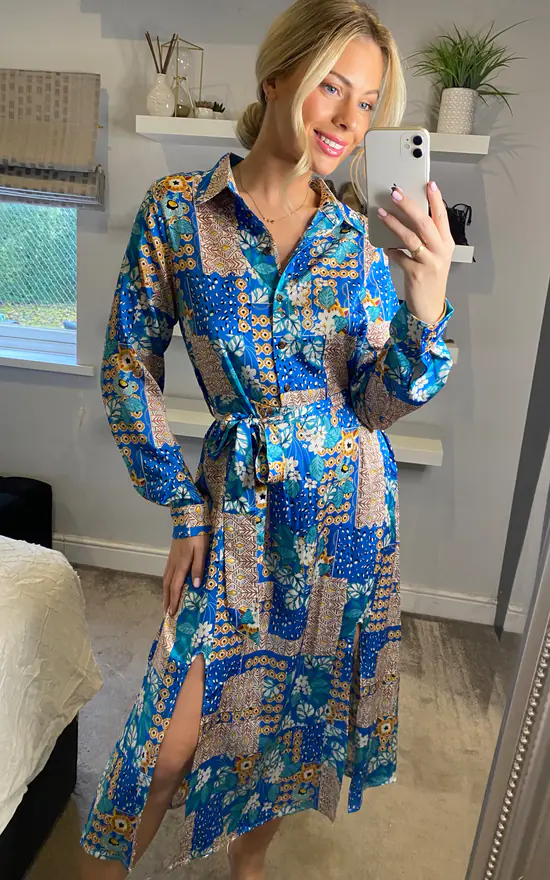 Shirt Dress Long Sleeves And Button Through In Patchwork Print - Image 3