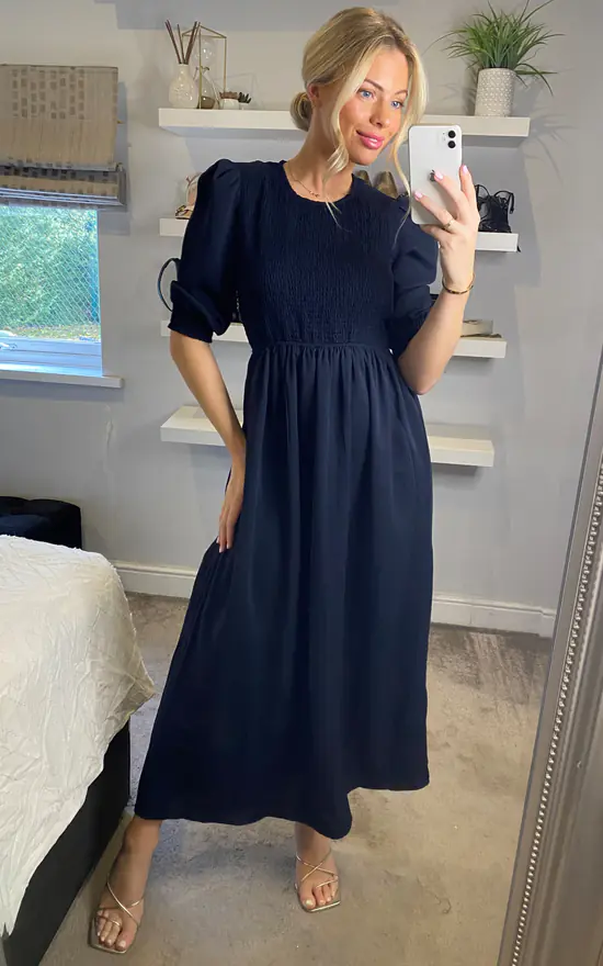 Round Neck Long Sleeves Maxi Dress With Smock Details In Navy - Image 2