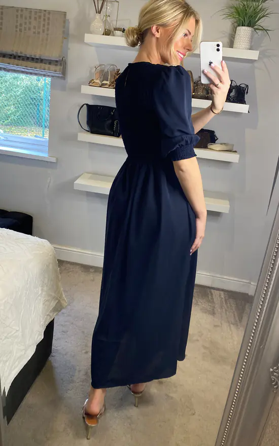 Round Neck Long Sleeves Maxi Dress With Smock Details In Navy - Image 4