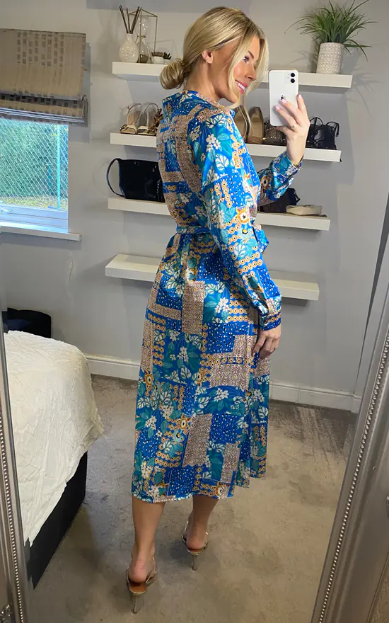 Shirt Dress Long Sleeves And Button Through In Patchwork Print - Image 4