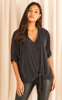Tie Front Oversized Glitter Top