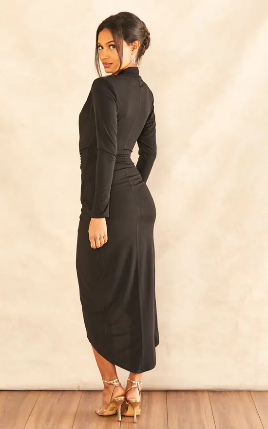 Deep V Neck Wrap Over Dress In Black - Image 4