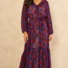 Red And Blue Floral Long Sleeve Tiered Dress