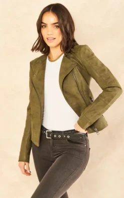 ONLY Faux Leather Biker Jacket In Khaki
