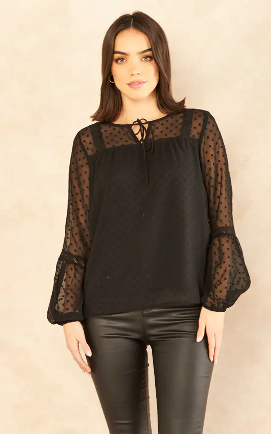 Vila Long Sleeve Dobby Spot Blouse In Black - Image 2