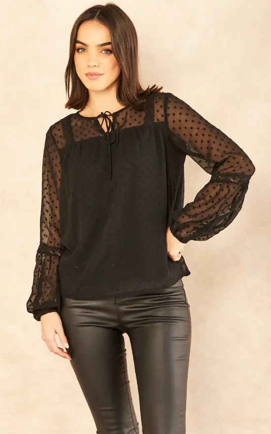 Vila Long Sleeve Dobby Spot Blouse In Black - Image 3
