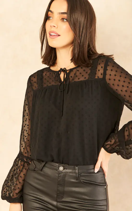 Vila Long Sleeve Dobby Spot Blouse In Black