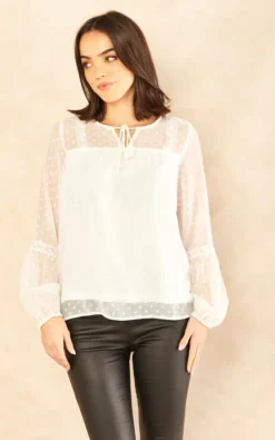 Vila Long Sleeve Dobby Spot Blouse In White
