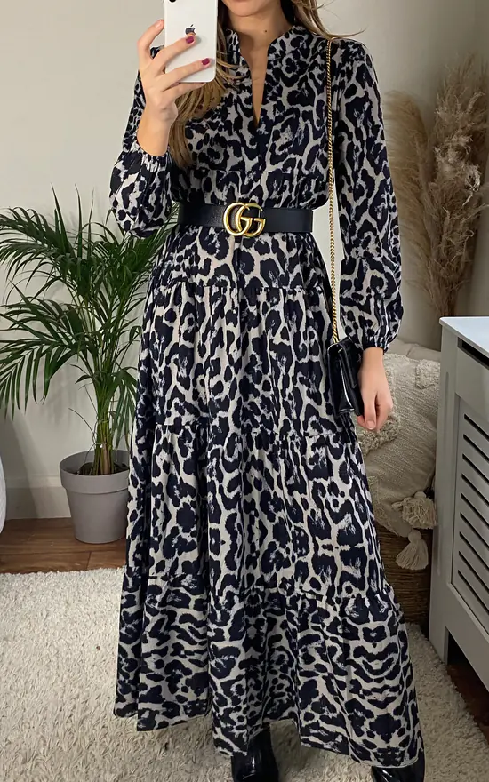 Animal Print Black Long Sleeve Tiered Maxi Dress