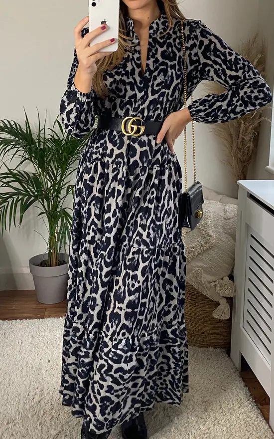Animal Print Black Long Sleeve Tiered Maxi Dress - Image 2