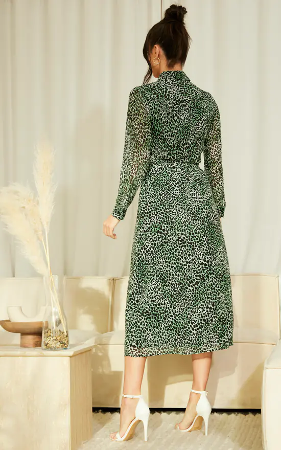 Long Sleeve Shirt Dress In Green Animal Print - Image 3