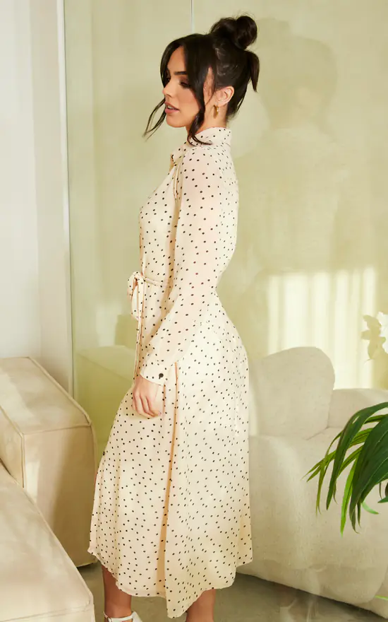 Long Sleeve Shirt Dress In Cream And Black Polka Dot - Image 4
