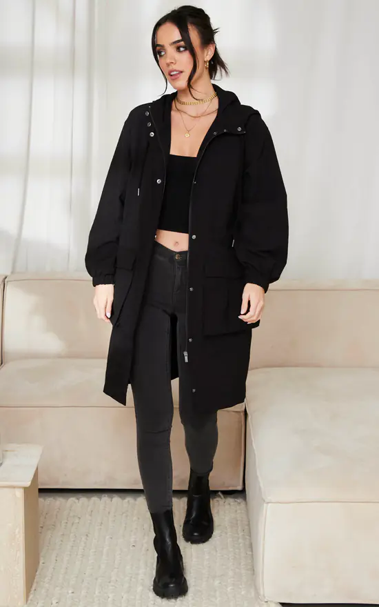 Vila Hooded Longline Parka Coat In Black