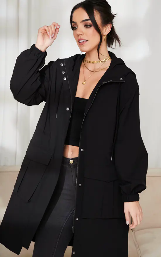 Vila Hooded Longline Parka Coat In Black - Image 2