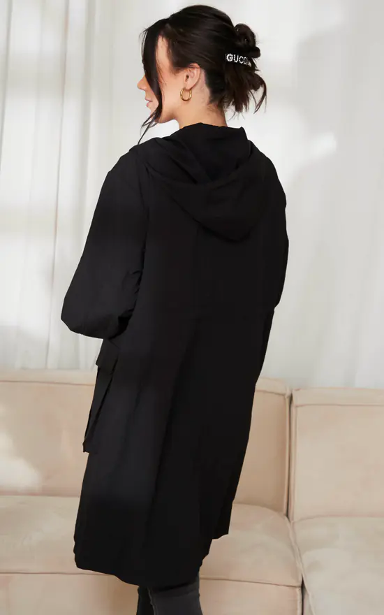 Vila Hooded Longline Parka Coat In Black - Image 4