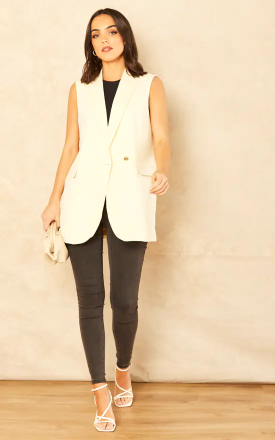JJXX Sleeveless Blazer In Cream - Image 2