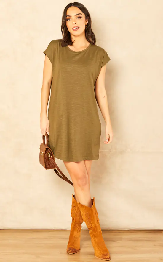 Noisy May Short Sleeve T Shirt Dress In Khaki - Image 3