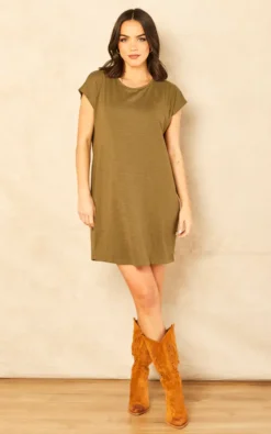 Noisy May Short Sleeve T Shirt Dress In Khaki