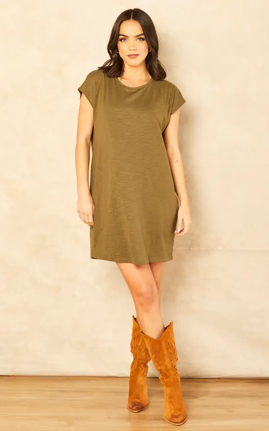 Noisy May Short Sleeve T Shirt Dress In Khaki