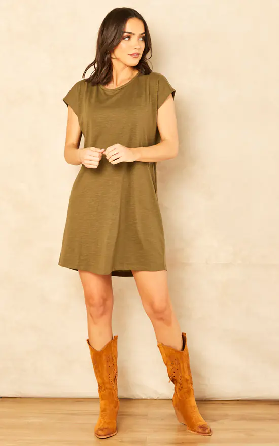 Noisy May Short Sleeve T Shirt Dress In Khaki - Image 2